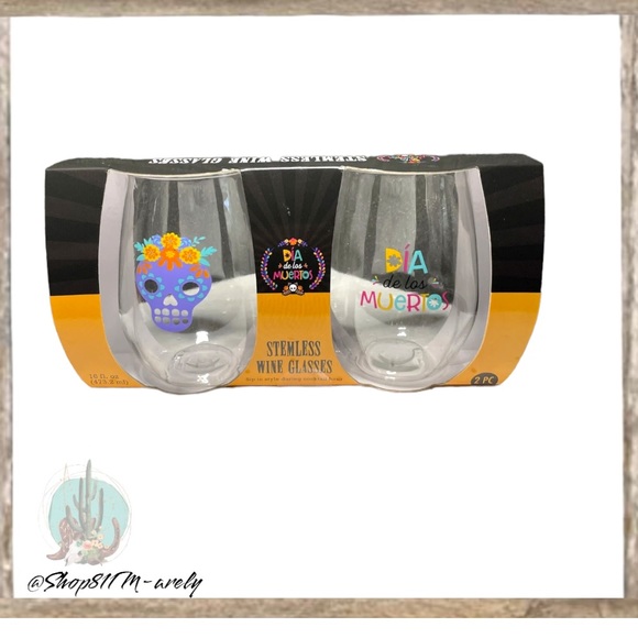 Dia De Los Muertos 2-Pack Stemless Plastic Wine Glasses NEW Day Of The Dead 4.2z - Picture 2 of 5